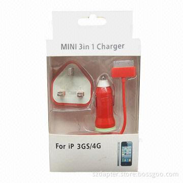 Universal 3-in-1 USB Mini Car Charger for iPhone 4S/4G/3GS, iPad 2